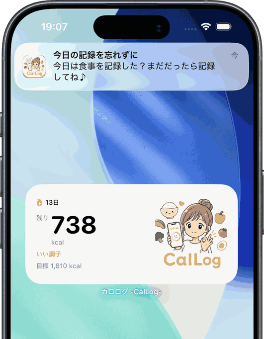 ホーム画面ウィジェットに表示されたカロちゃんと残りカロリー、記録リマインダーの通知